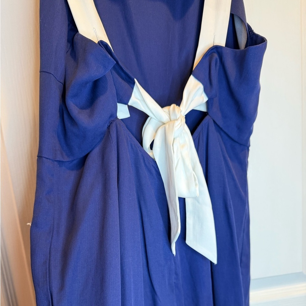Anthropologie Navy Blue White Strap Wide Leg Jumpsuit Size M - Picture 7 of 10